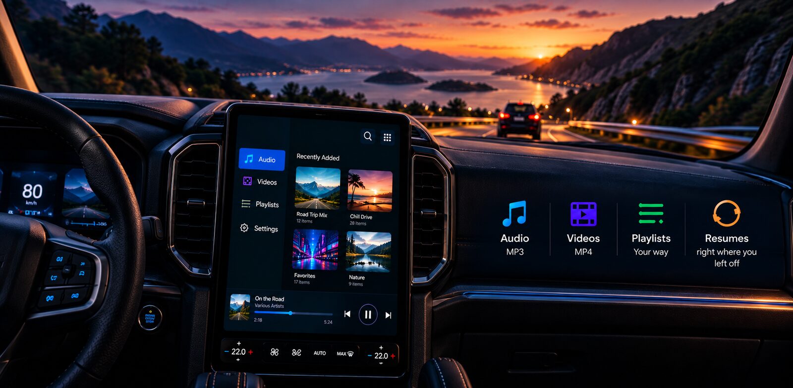 Rideio on a car's center screen: side menu, recently added covers and the player bar